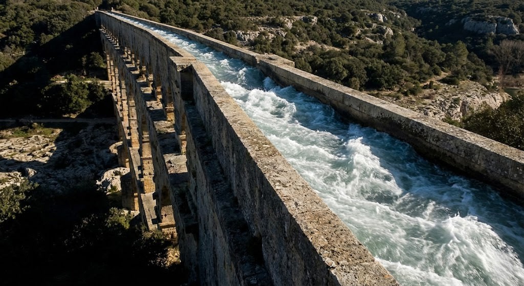An aqueduct channelling water through a structured path